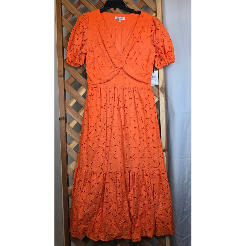 Kensie Eyelet Maxi Dress Womens 6 Orange V-Neck Short Sleeve - NEW
